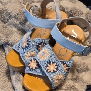 Sugar Blue and Tan Mules with Star Pattern. Never wore.
